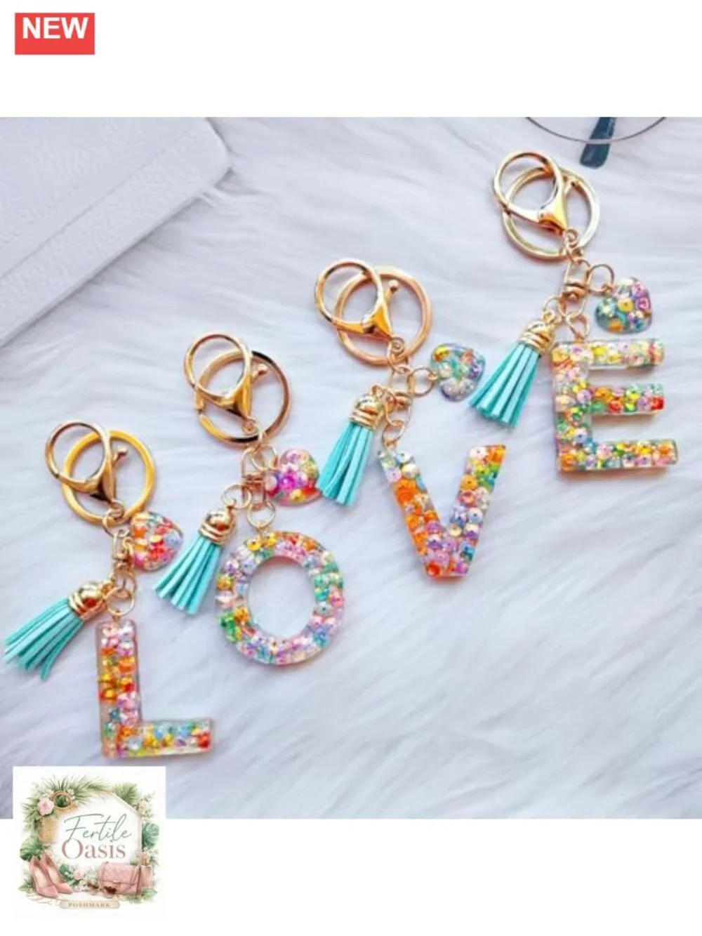 Initial Letter Keychain with Heart Charm and Tassel, Resin and Metal, Cute Gift